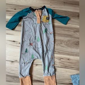 Kids Woodland Print One Piece with Teal and Mustard Accents